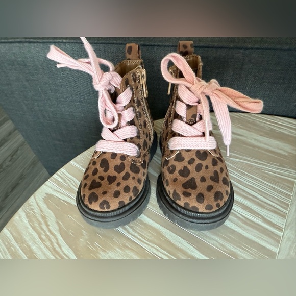Cat & Jack|Baby toddler girl Leopard Print Kids chunky combat Boots w Pink Lace• - Picture 6 of 8